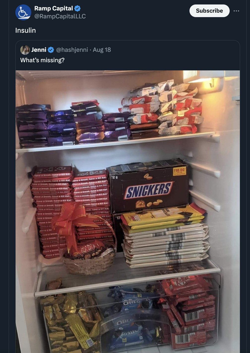 refrigerator full of chocolate - Insulin Ramp Capital RampCapitalLLC Jenni Aug 18 What's missing? Snickers Subscribe